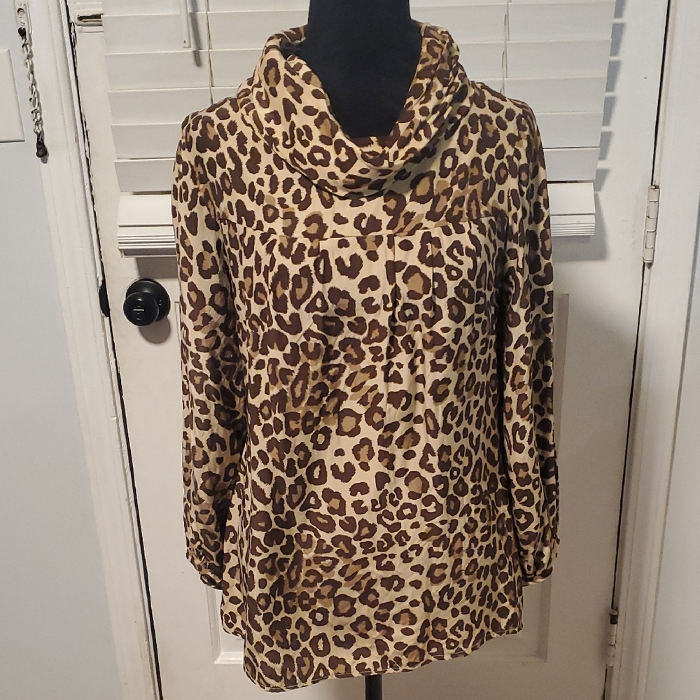 Britt Ryan Leopard Print Cowl Neck 100% Silk Top
